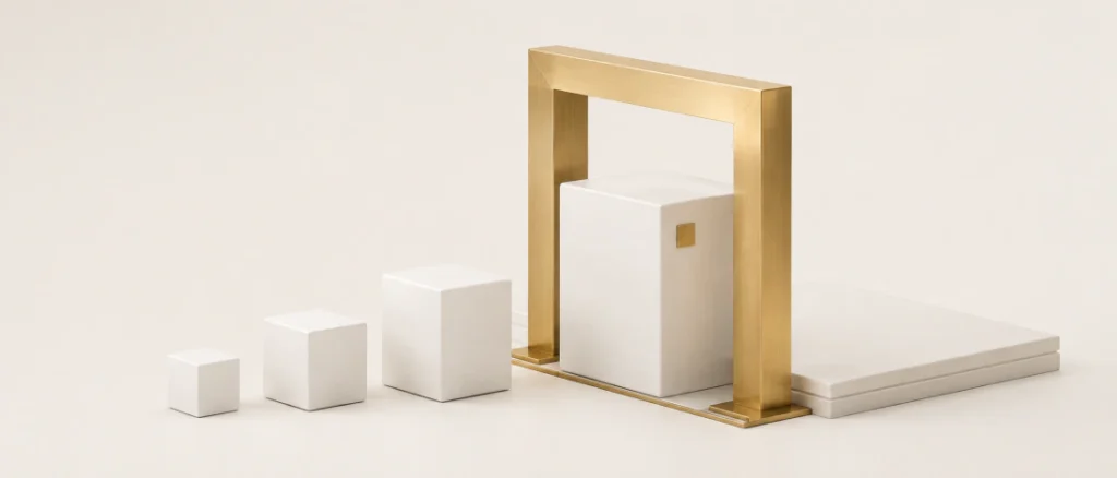 Wachsende weiße Vermögensbausteine führen durch eine goldene Schwelle zur professionellen Anlageplattform als Sinnbild ab welcher Summe sich Vermögensverwaltung lohnt.
