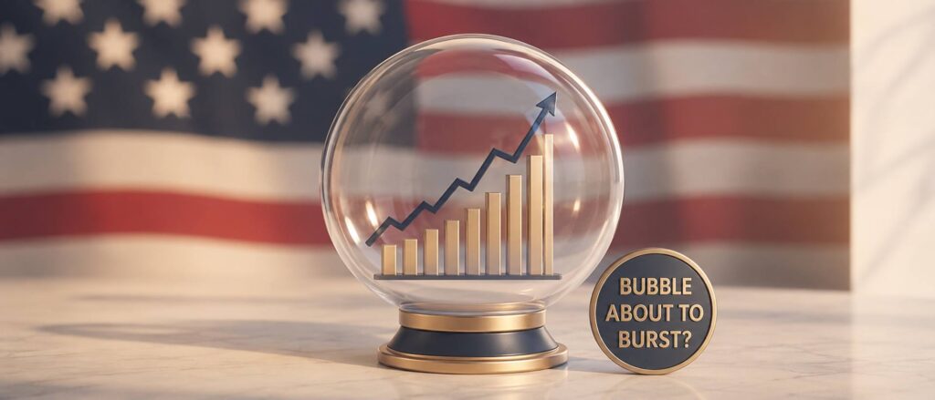 US-Aktien Blase 2026: Glaskugel mit steigendem Börsenchart vor US-Flagge und Münze mit der Aufschrift „Bubble about to burst?“