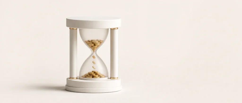 Wie lange reichen 250.000 Euro im Ruhestand? Eine weiße Sanduhr mit goldenen Münzen symbolisiert Kapitalverbrauch und Zeit.