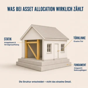 Asset Allocation Infografik mit einem normalen Haus, dessen Fundament, Tragwerk und Türklinke für Anlageziel, Vermögensaufteilung und einzelne Titel stehen.