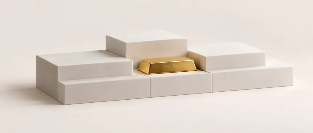 Kleiner Goldbarren zwischen mehreren weißen Blöcken als Sinnbild dafür, in Gold zu investieren, aber nur als Beimischung im Vermögen