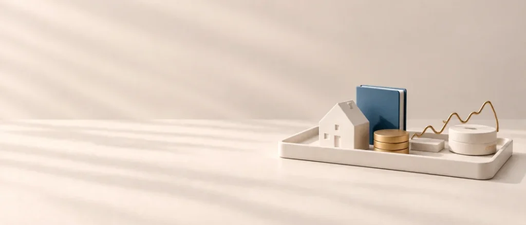 Was ist ein Family Office: Keramiktablett, auf dem Haus, Mappe, Münzen und Kursdiagramm zusammengeführt sind
